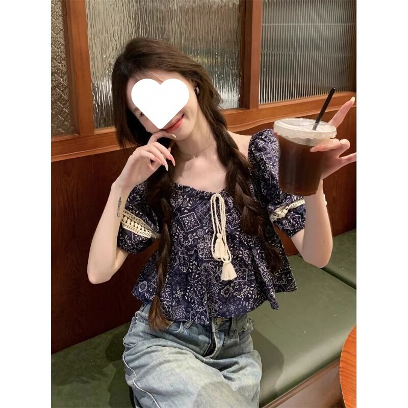 Ethnic Style Small Size Printed Shirt Women's Summer New Vintage Tassel Stitching Lace Short-sleeved Shirt