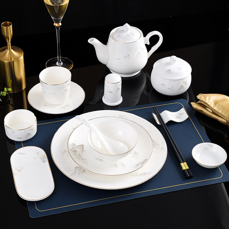 高档酒店会所摆台餐具金边新中式餐厅饭店商用三件套骨瓷碗碟套装
