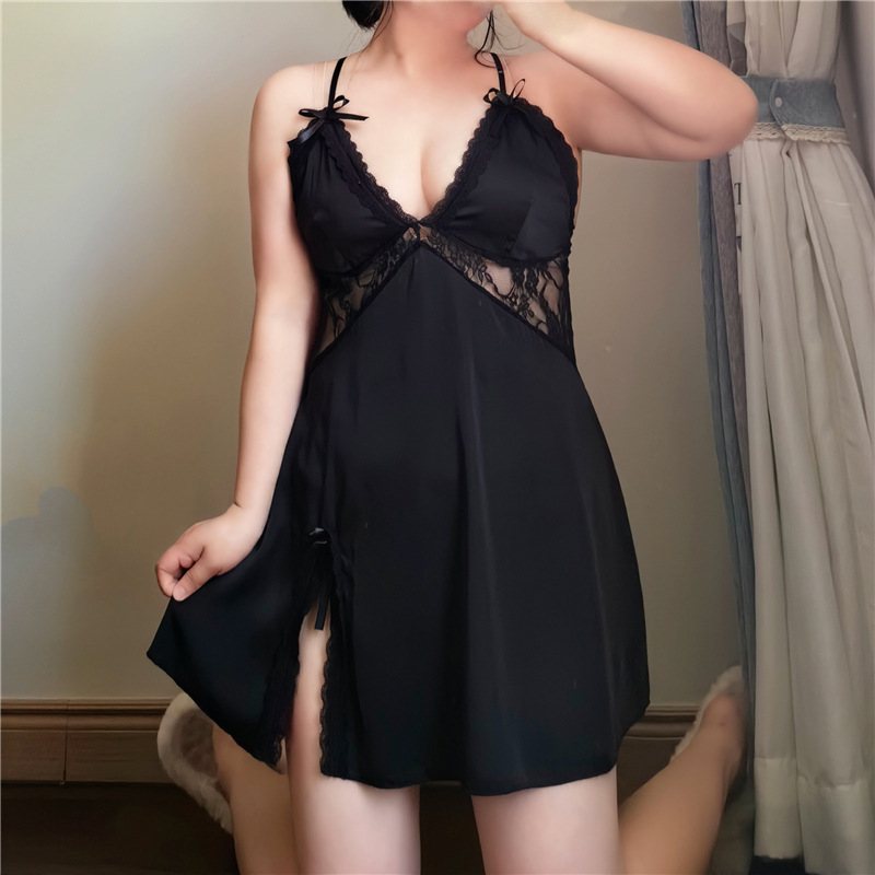 1061 new large size fat mm200 kg sexy lace high quality satin ice silk suspenders nightgown with chest pad