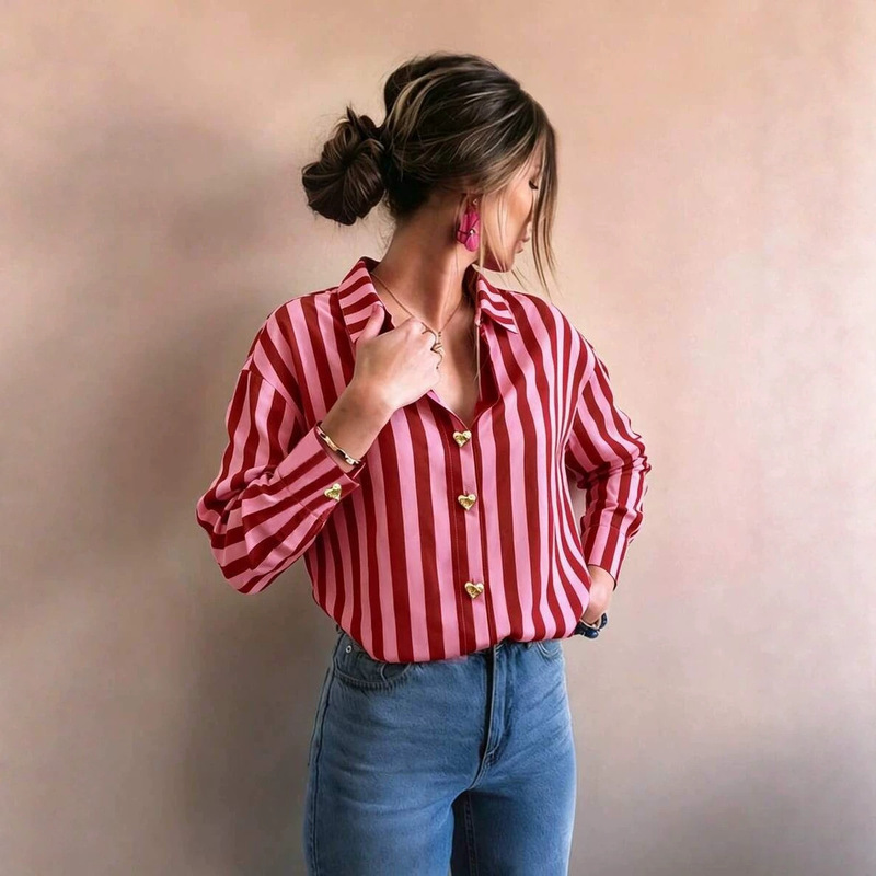 2026 new cross-border fashion: European and American style pink striped shirt for women, featuring heart-shaped buttons, long sleeves, and a versatile collar design