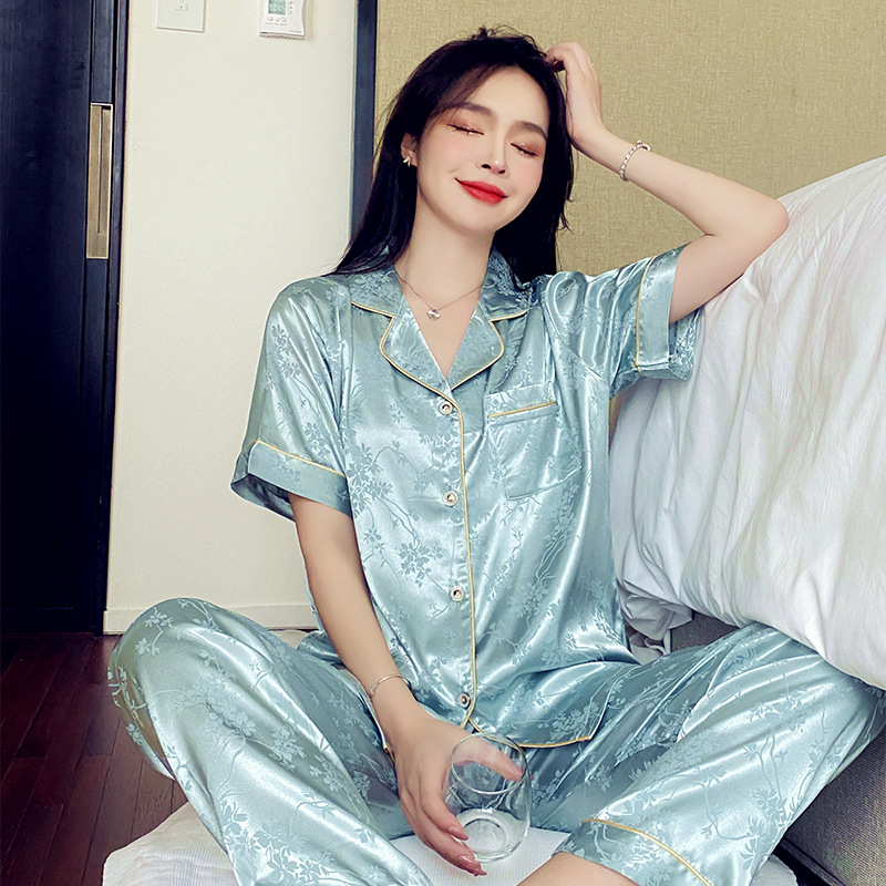 22024 #7 사이즈 새로운 숙녀 자카드 아이스 실크 카디건 옷깃 짧은 소매 바지 높은 감각 홈