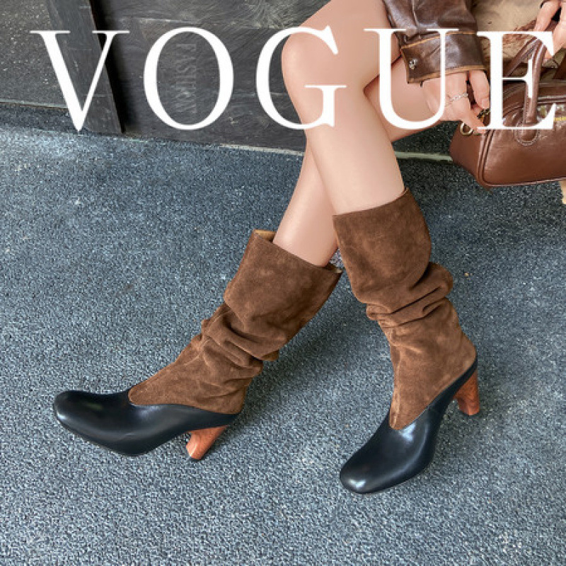 2025 Autumn and Winter Genuine Leather Women's Shoes Niche Design Color Matching High Heel Straight Fashion Boots Calf Mid-High Thick Heel Women's Boots 2025 Autumn and Winter Genuine Leather Women's Shoes Niche Design Color Matching High Heel Straight Fashion Boots Calf Mid-High Thick Heel Women's Boots