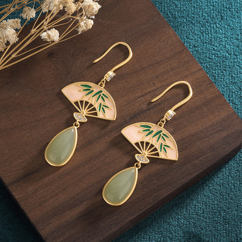 Airyuan Chinese style design ancient gold-plated enamel palace fan inlaid with imitation Hetian jade retro earrings
