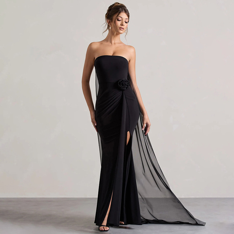 2025 transfronterizo Europa y Estados Unidos otoño temperamento flor de pecho sin mangas un vestido de hombro bifurcado vestido largo para mujeres image 6
