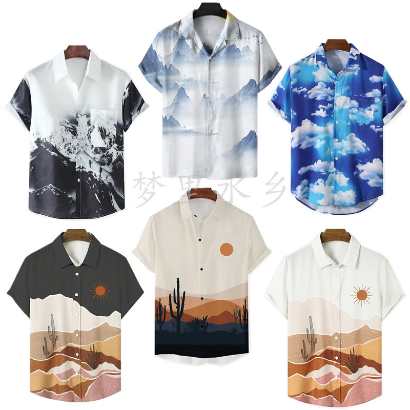 Desert Cactus 2024 New Foreign Trade Pattern Casual Shirt Hawaiian Style Short Sleeve 3D Printed Men's Lining