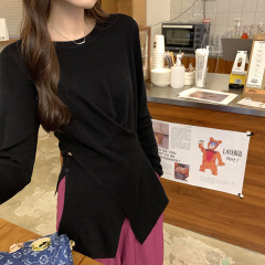 慵懒风不规则长袖羊毛针织衫女2025早秋新款设计感交叉扣内搭上衣