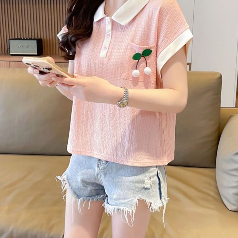 大码肌理感口袋polo领短袖t恤女夏季新款胖mm宽松显瘦遮肉上衣女|undefined