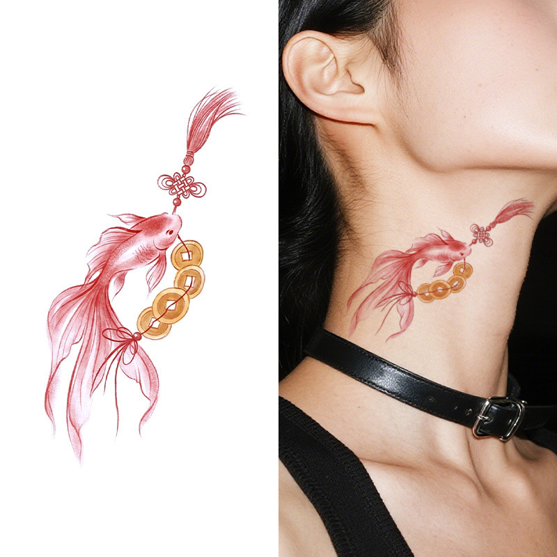 Cross-Border Copper Coin Koi Fish Tattoo Symbolizes Wealth Flowing In, Colorful Temporary Tattoo Stickers, Long-Lasting, Waterproof, Sweat-Proof, Ancient Style for the Arm