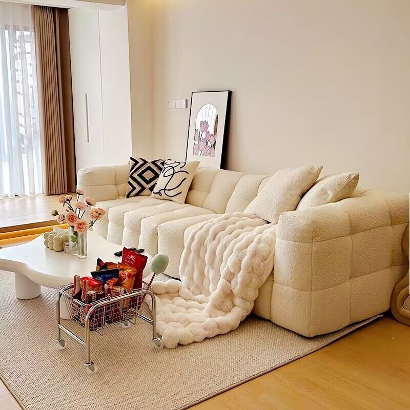 French Minimalist Cream Style Cotton Candy Sofa Nordic Fabric Designer Lamb Velvet Internet Celebrant Sofa for Small Apartment