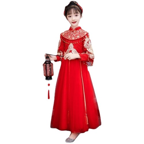 Girls kids red color Chinese qipao model show birthday party performance cheongsam dress guzheng costumes girls long-sleeved XiuHe flowers girls wedding dress for baby