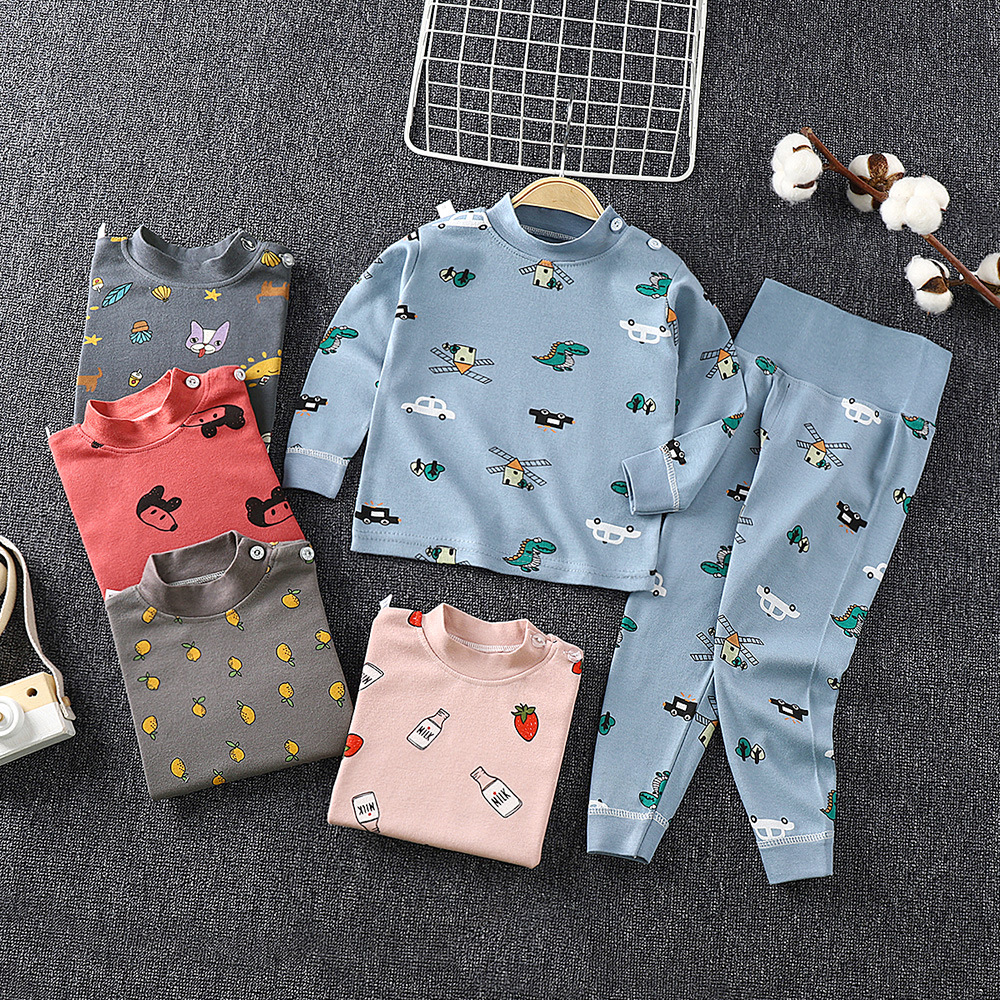 Children's High-Waisted Belly-Protecting Pants Set, Spring and Autumn Style, Baby Autumn Clothes, Girls' Pure Cotton Underwear, Boys' Round-Neck Pajamas