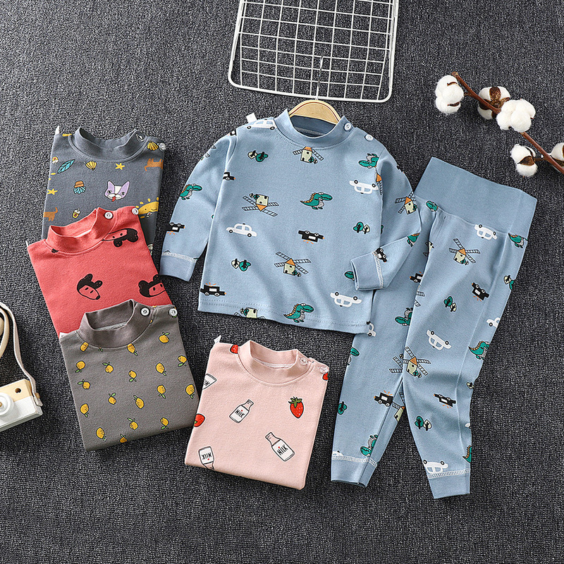 Children's High-Waisted Belly-Protecting Pants Set, Spring and Autumn Style, Baby Autumn Clothes, Girls' Pure Cotton Underwear, Boys' Round-Neck Pajamas