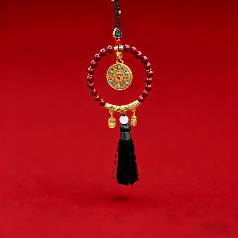 Cinnabar Car Hanging Amulet for Good Luck and Safety, New Year Red Gold-Eating Beast Lucky Cat Car Hanging Ornament Wholesale