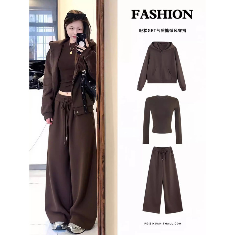 Chestnut Brown Sweatshirt Jacket Casual Sports Suit for Women Early Spring Three-Piece Set Ootd Outfit 2026 New Spring Clothing Chestnut Brown Sweatshirt Jacket Casual Sports Suit for Women Early Spring Three-Piece Set Ootd Outfit 2026 New Spring Clothing