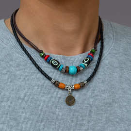 复古合金仿铜古钱币吊坠天眼石松狮串珠防水蜡线皮革编织男士项链