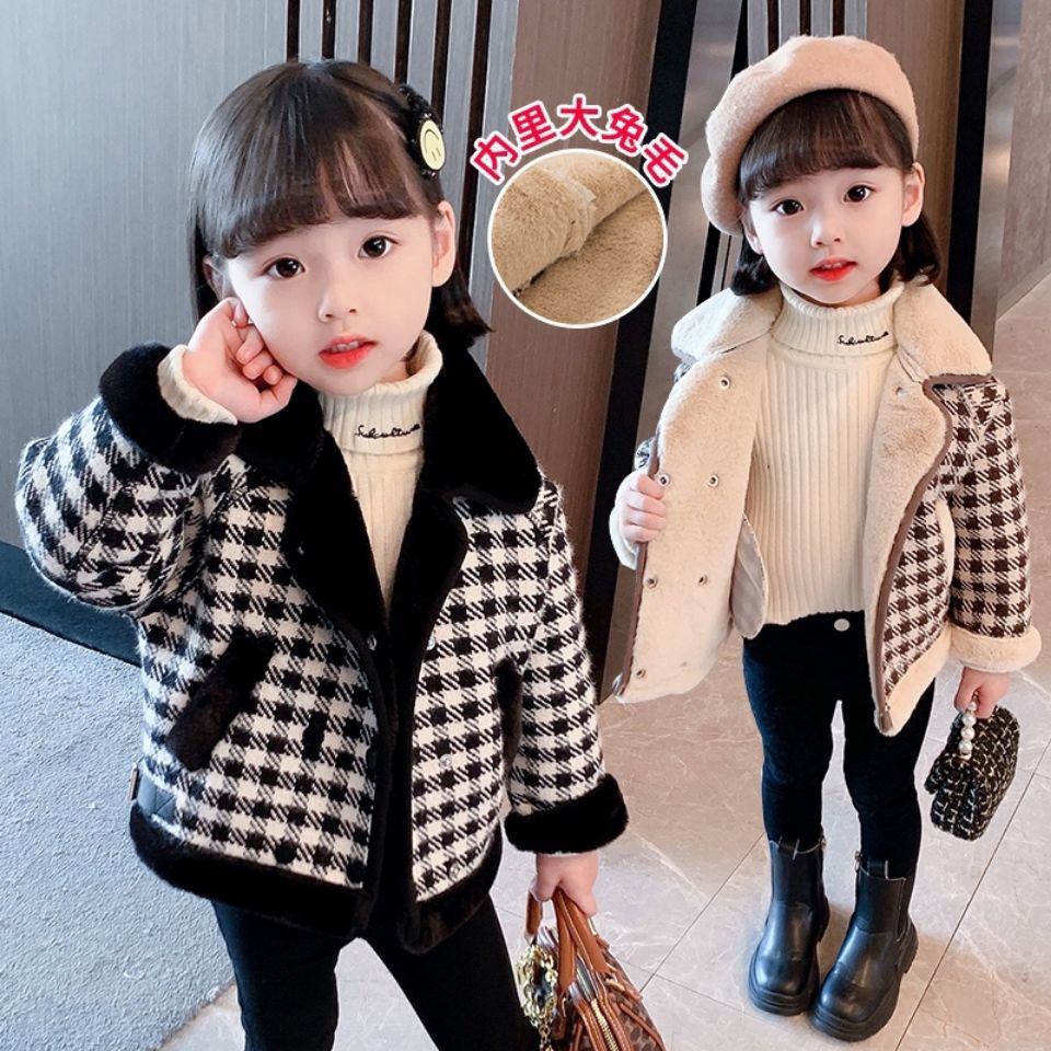 女童加厚外套秋冬装2025新款洋气网红儿童女宝宝加绒格子呢子大衣