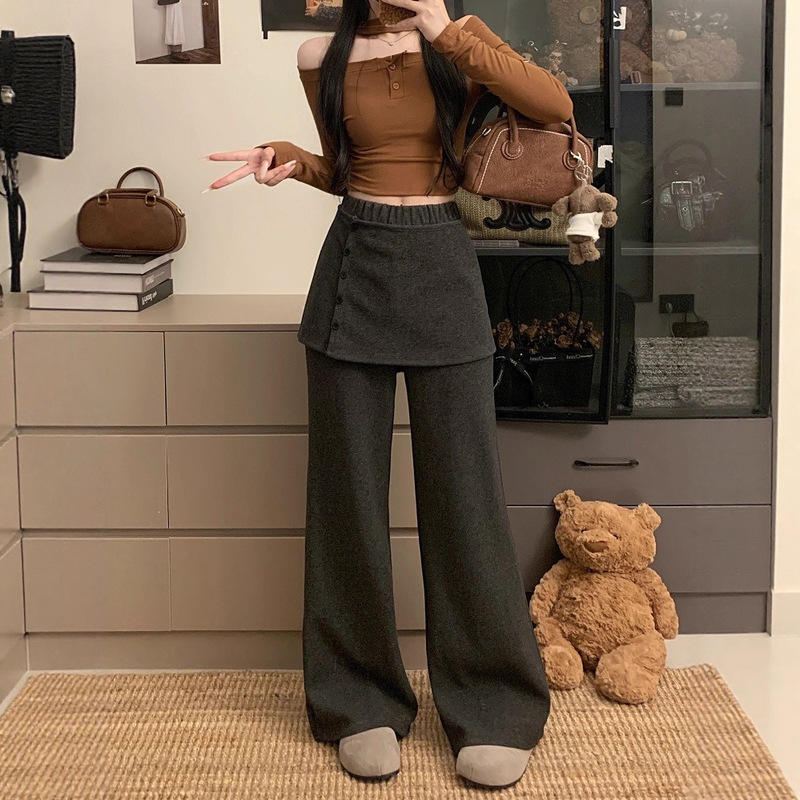 High-Waisted Faux Two-Piece Casual Pants for Women, Autumn Korean Style, New Chic Versatile Loose Straight Pants