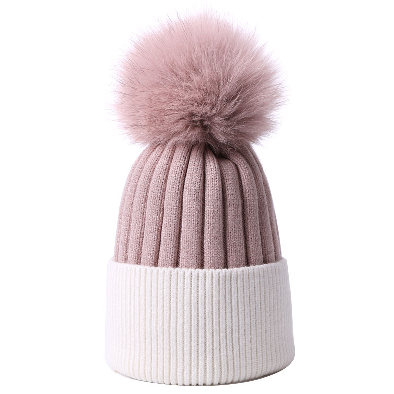 Chapeau chaud d'automne et d'hiver en forme de boule de renard, couleur unie, tricoté, pour adultes et enfants, mode parent-enfant_voghion.com