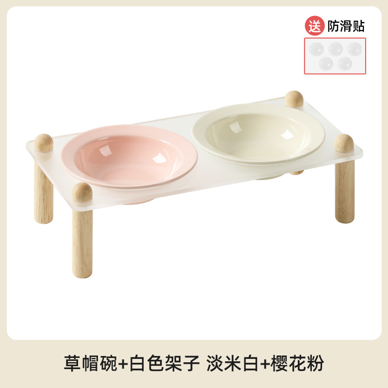 Cuenco de cerámica coreana para gatos, cuenco para mascotas, cuenco para sombreros de paja, pies altos, cuenco de comida para gatos anti-volcado, cuenco de agua para la columna cervical, cuenco doble, cuenco para perros