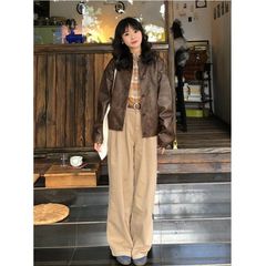 棕色皮衣外套女秋冬美拉德复古宽松短款立领PU皮夹克机车上衣