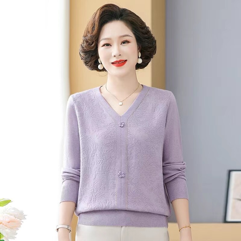 New Autumn Sweater for Mothers, Middle-Aged and Elderly Women's Knitted Top, Stylish Long-Sleeved Pullover for Women, Mother-In-Law's Shirt