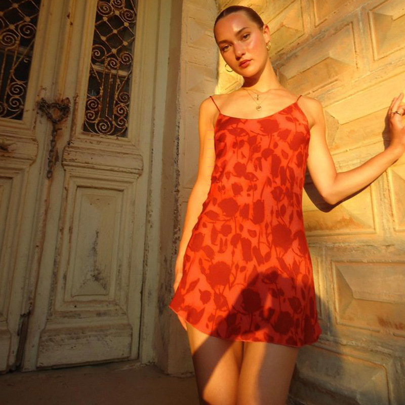 161g Weight Above Knee Dress Length Type Sleeveless Sleeve Length Strap Dress Dresses Type Sleeveless Sleeve Type Spandex, Polyester, Chiffon Fabric Type Elastic Waist Waist Line Date, Tea Party Occasion V Neck Neckline Slim Fit Type Printing Pattern 2025 Spring and Summer Season Printing Design European and American wind, Streetwear Style French Minority Red Printed V-neck Strap Sexy Dress Women's 2024 Summer New Waist Slimming Skirt 3