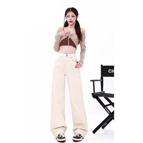 Кремово-белые прямые широкие джинсы женские 2023 осенне-зимние новые модные брюки с высокой талией для похудения для миниатюрных