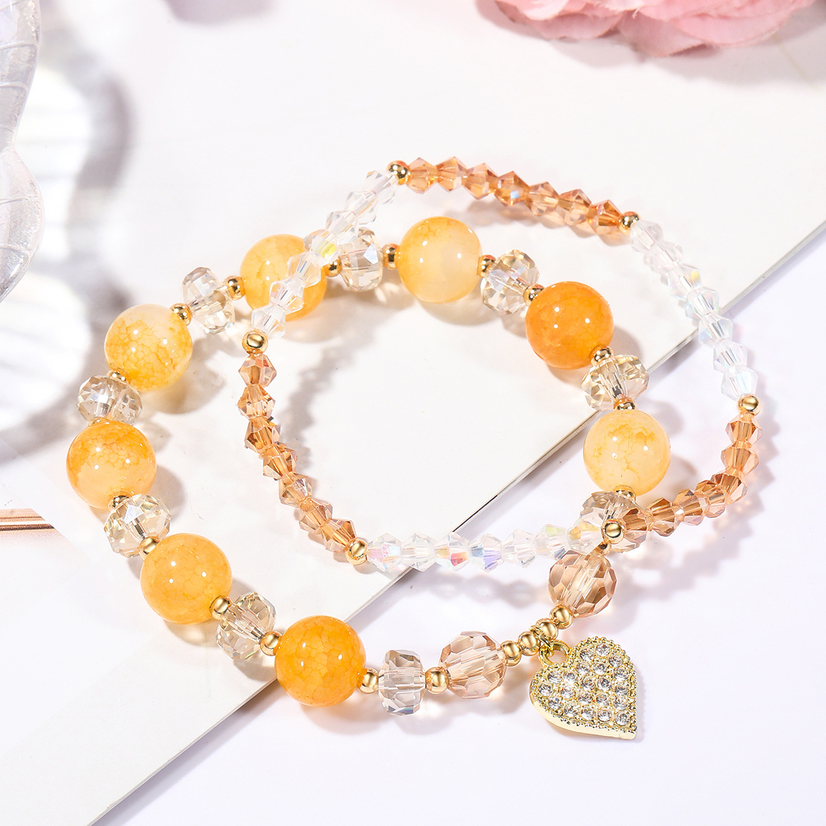 Zweiteiliges Orangefarbenes Kristall-herz-anhänger-transfer-perlen-armband display picture 1