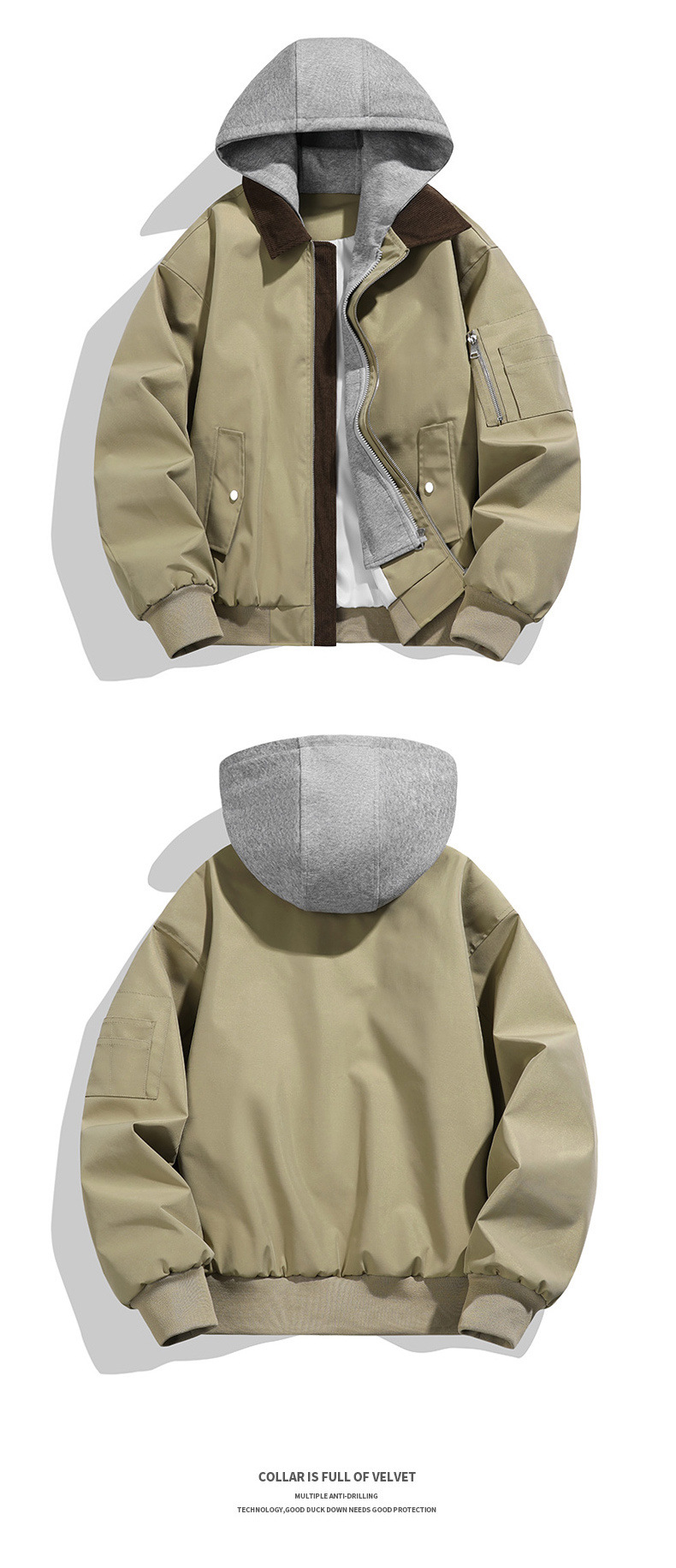 Men's Jacket Monochrome Hooded Workwear Versatile Loose Flight Coat_voghion.com
