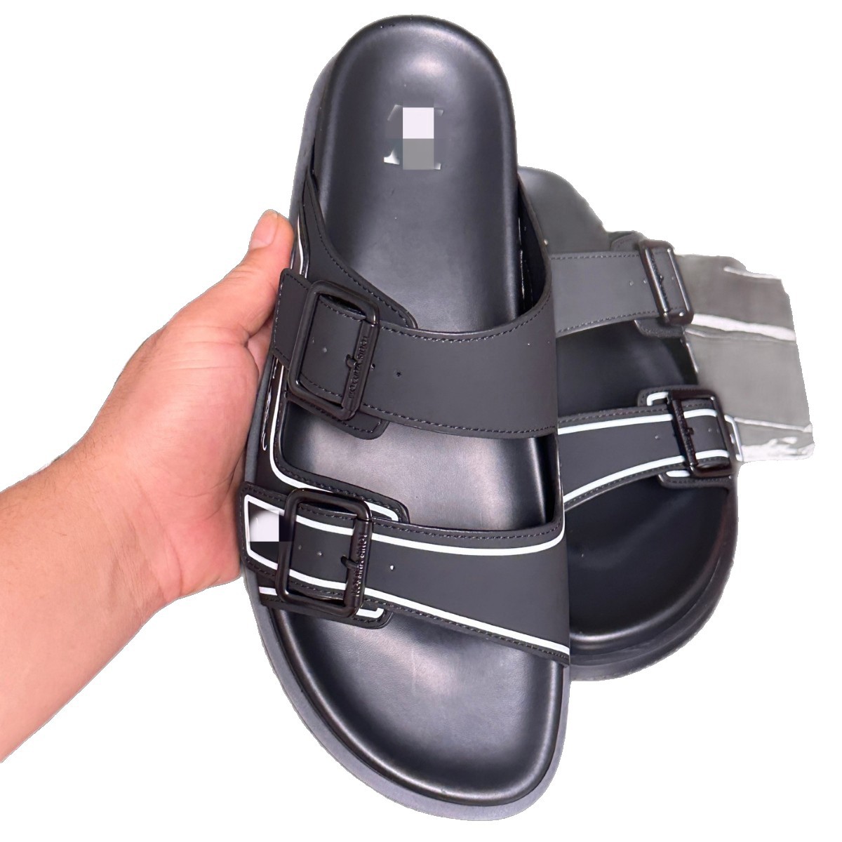 Zapatillas de moda para hombres con suela suave cómodas para usar zapatos de playa de cuero originales caja original de lujo marca de moda de doble cinturón de moda casual image 6