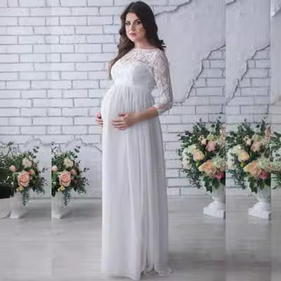 Sleek, Hot-Selling Lace-Mesh Chiffon Floor-Length Maternity Dress in European and American Styles