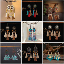 复古民族风耳环高级感镂空耳饰波西米亚彩色羽毛布艺流苏米珠耳坠