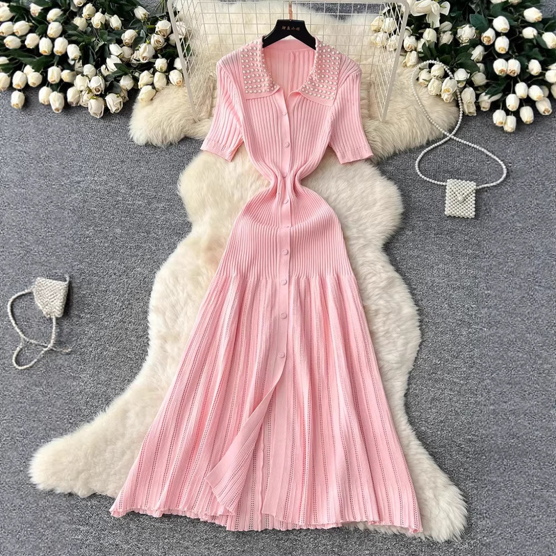 European and American Summer New Women's Clothing, Retro Style Beaded Lapel Knitted Dress, French Style Waist-Cinching Elegant Long Dress