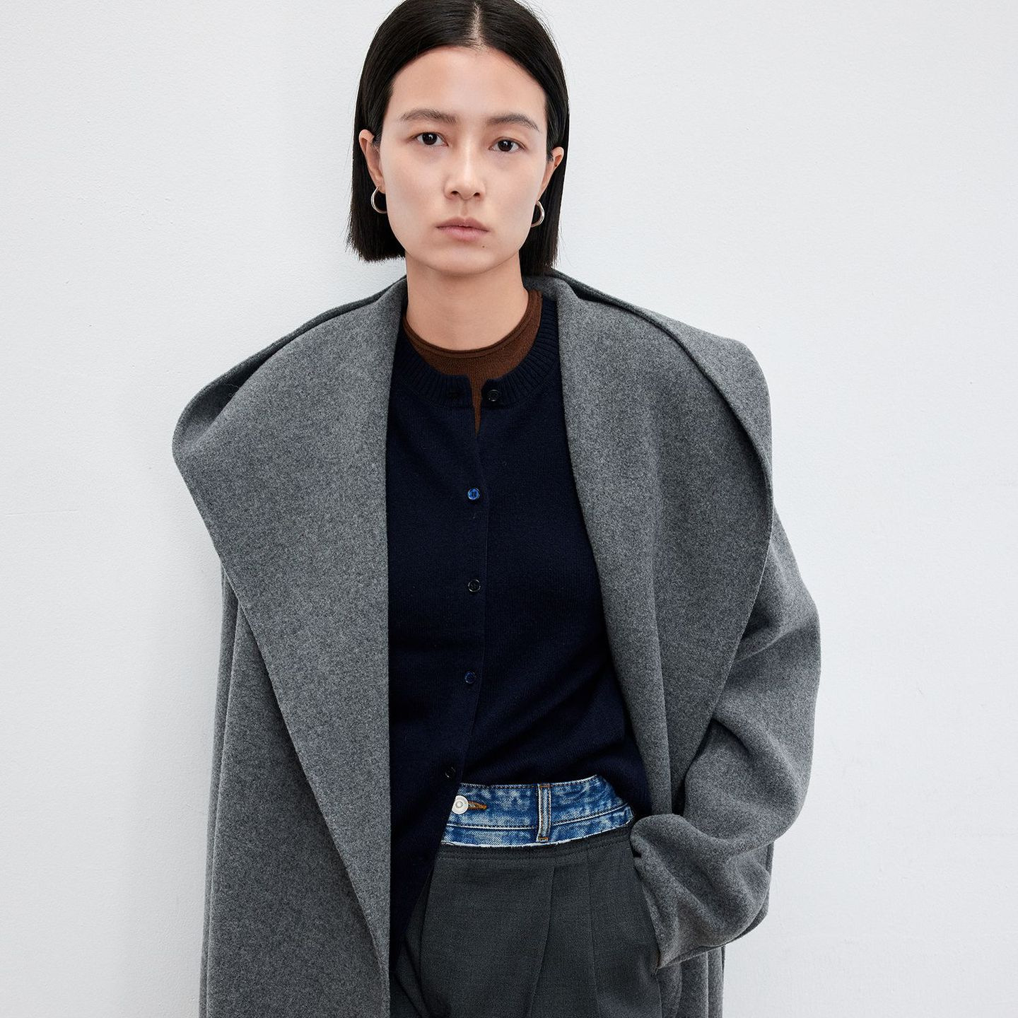 JOC 카운터 탑 럭셔리 실크 캐시미어 울 양면 양모 짧은 유행 구조 라인 느낌 후드 코트