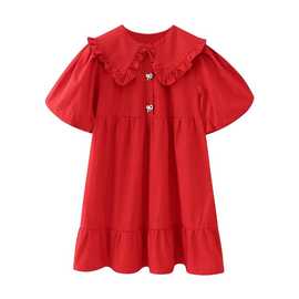 2024春外贸跨境欧美女装红色娃娃领府绸短袖连衣裙 4525