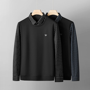 Spring and Autumn Plus-Size Men's Long-Sleeve T-Shirt, Oversized Business Trendy Fake Two-Piece Striped Shirt Collar