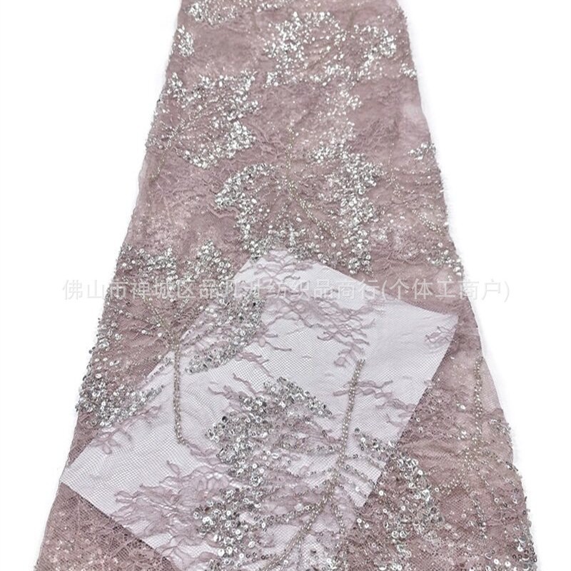 Nuevo encaje de hoja de arce hecho a mano tela de cuentas de clavado sequilla cola de pescado vestido de brindis cena anual vestido de tela en stock