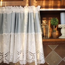 美式白色棉布綉花蕾絲條紋半簾遮擋裙門簾幔頭免打孔穿桿窗簾遮光
