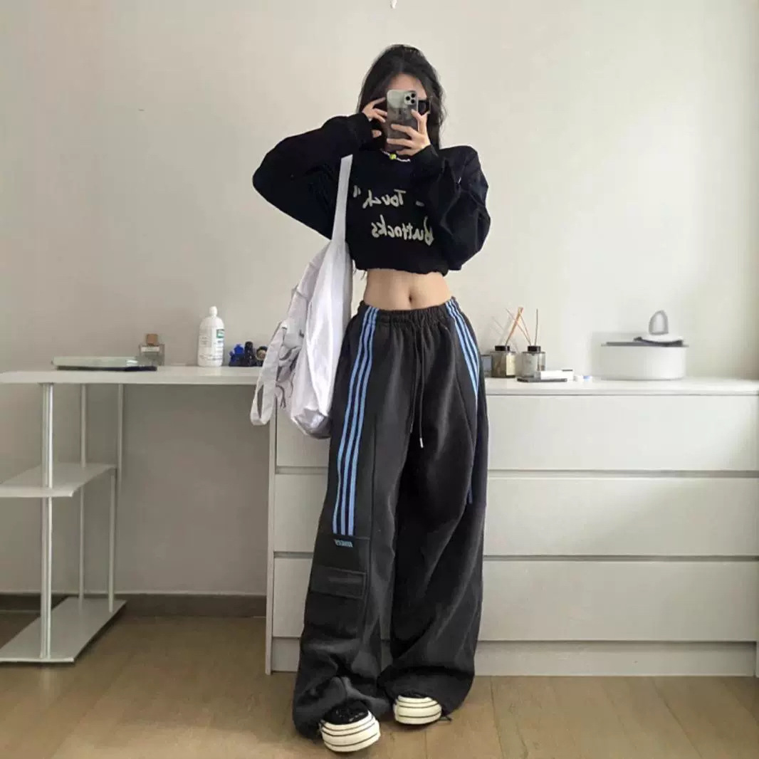 American Style Vintage Stitching Three Bar High Waist Sports Casual Pants Women's Autumn and Winter Loose Wide Leg All-match Straight Overalls