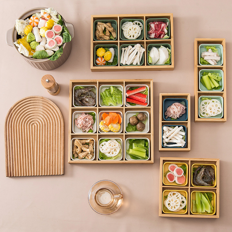 Bamboo and Wood Creative Hot Pot Shop Tableware Dinner Plate for Hot Pot Vegetable Tray Jiugongge Plate Platter Set