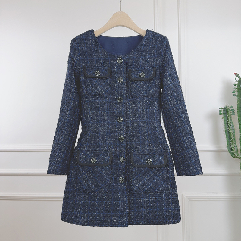 2025 New Style Tweed Dress in Navy Blue, Round Neck with Rhinestone Buttons, Multi-Pocket Mid-Length Coat Dress