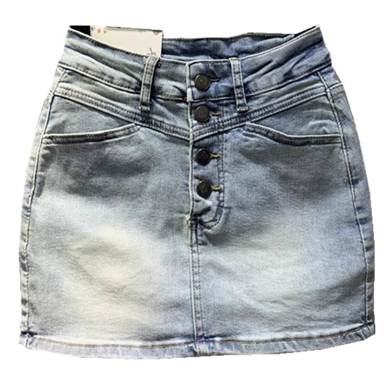 Botón delantero azul claro elástico denim corto apretado verano 2026 nuevo estilo sexy chica dulce y picante bolsas de viento