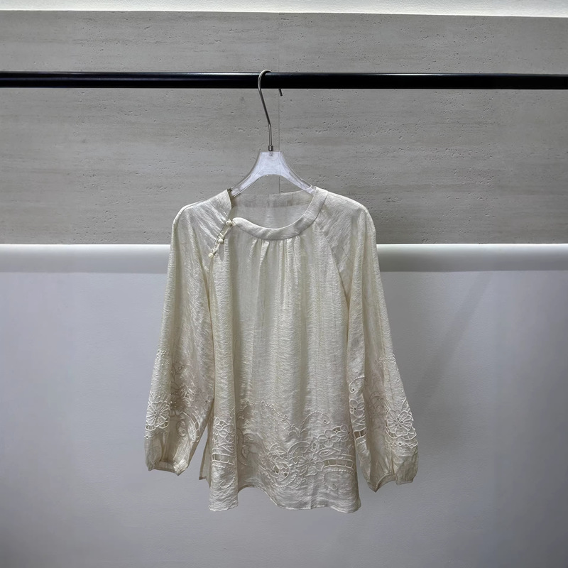 2026 Early Spring New Style Simple New Chinese-Style Round Neck Shirt with Diagonal Placket and Button Design, Lace Embroidery, Solid Color Blouse Wholesale