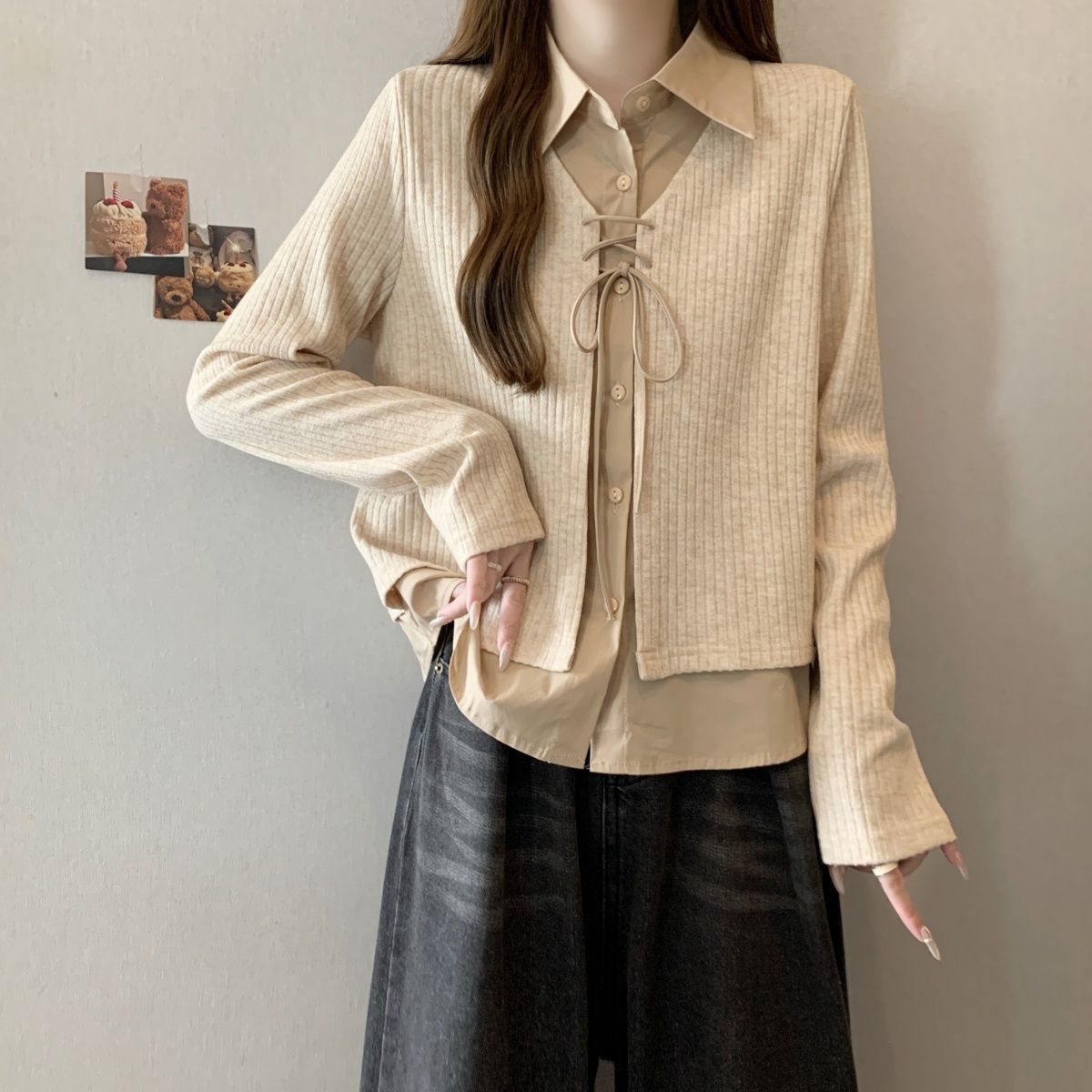 大码胖mm秋季新款假两件翻领针织开衫设计感显瘦上衣外套女卡其色