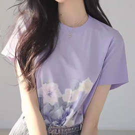 紫色圆领印花短袖T恤女夏2024年新款多巴胺时尚洋气减龄正肩上衣