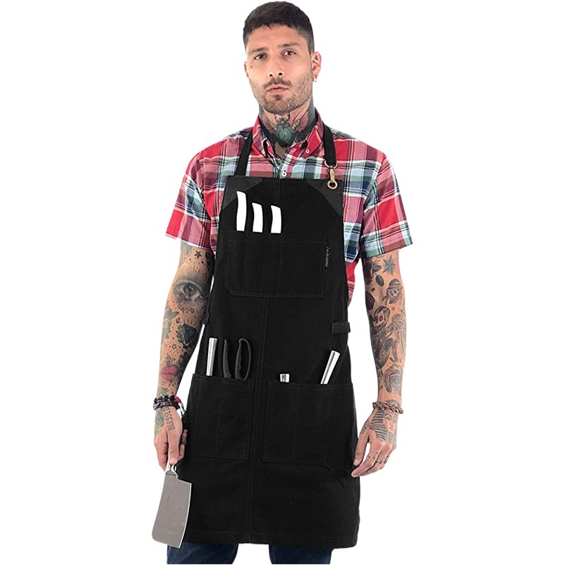 Delantal impermeable transfronterizo logotipo personalizado multi-Bolsillo barbacoa tienda estilista ropa de trabajo lienzo delantal fábrica al por mayor