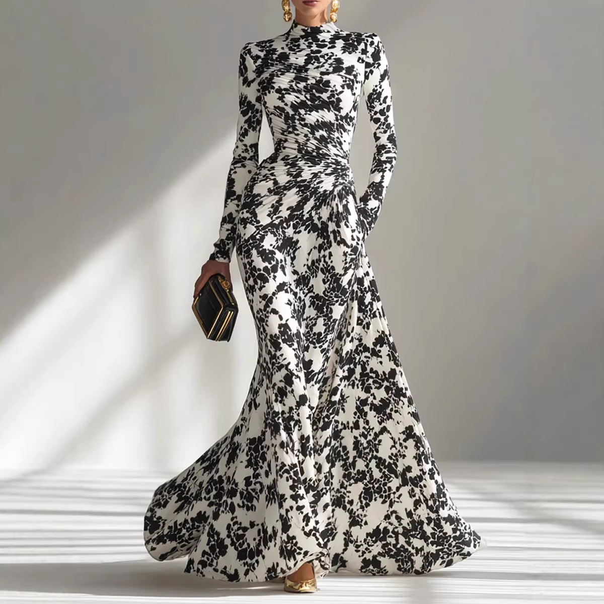 Autumn High-Waisted Pleated Full Skirt Dress For Women Sexy Long-Sleeved Fitting_ecoleips.com