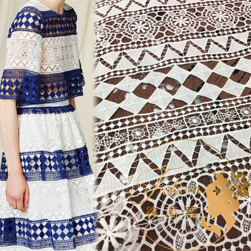 高鑫花边白色水溶蕾丝女装女童裙子面料牛奶丝网布刺绣欧美风刺绣