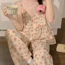 韩国ins女生夏季新品韩版甜美小格纹吊带碎花夏日家居服睡衣套装