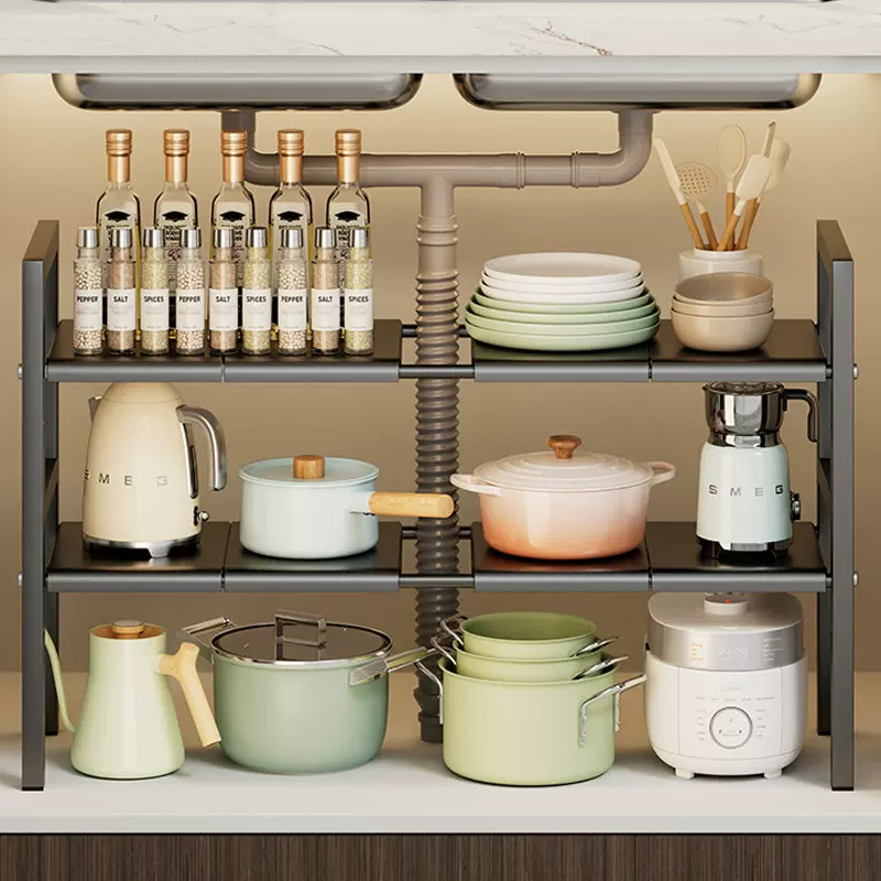 厨房整理置物架多层伸缩杆水槽下用品储物架免打孔收纳盒橱柜神器